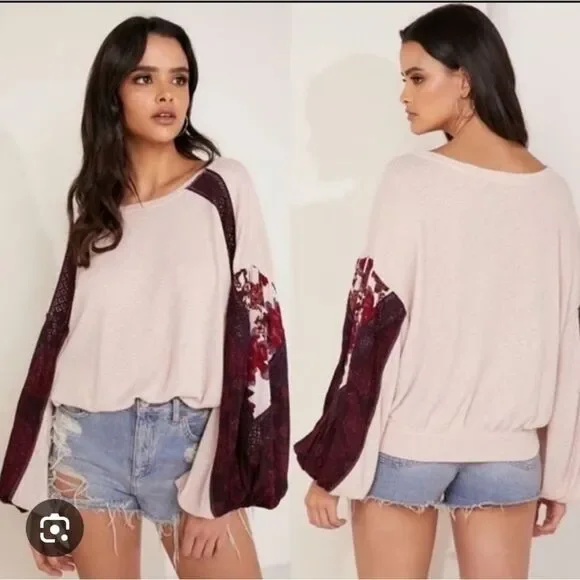 Free People Rose Pink Sweater with Floral Sleeves - Picture 8 of 13